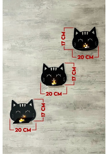 Dekoratif Kedi Duvar Rafı 3 Lü Set 20 Cm Duvar Mumluğu Siyah