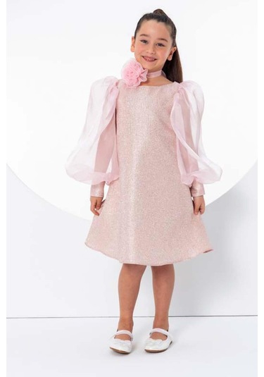 Riccotarz Kız Çocuk Çiçekli Boyunluk Hediyeli Şeffaf Karpuz Kollu Üzeri Pembe Lila Elbise Pembe