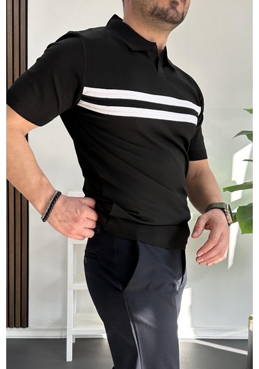 Erkek Açık Yaka Çizgli Tişört Siyah Edw236 Siyah