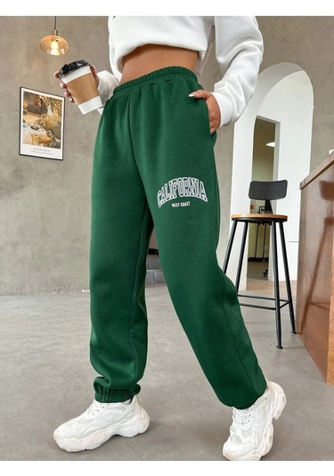 California West Coast Eşofman Altı Jogger - Yeşil Baskılı Lastik Paça Yüksel Bel Yeşil