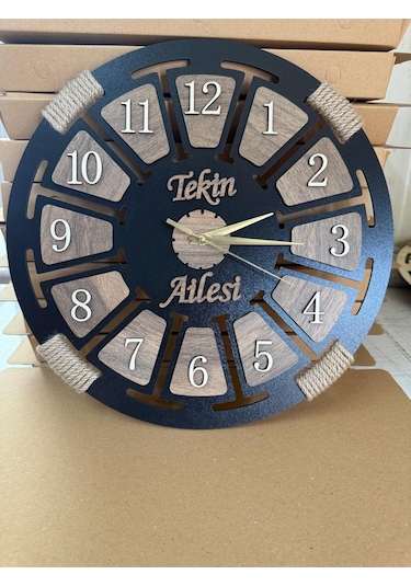 İsim Yazılabilir Ahşap Dekoratif Halatlı Duvar Saati Siyah-ahşap