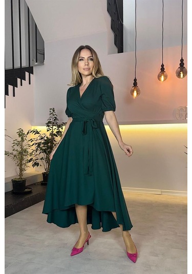 G0505 Kruvaze Yaka Kuşaklı Asimetrik Elbise Zümrüt-zümrüt Zümrüt Yeşili