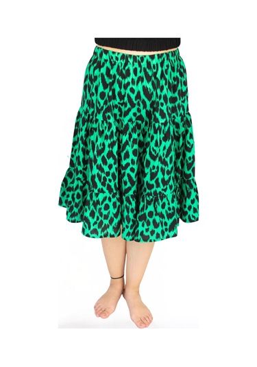 Nurören Viskon Kumaş Yeşil Siyah Leopar Desenli Midi Boy Kadın Şort Etek Leopar