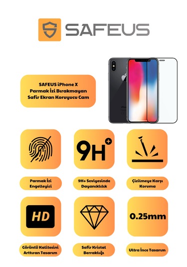 Safeus Tam Kaplayan Parmak İzi Bırakmayan Safir Ekran Koruyucu Cam , İphone X İle Uyumlu