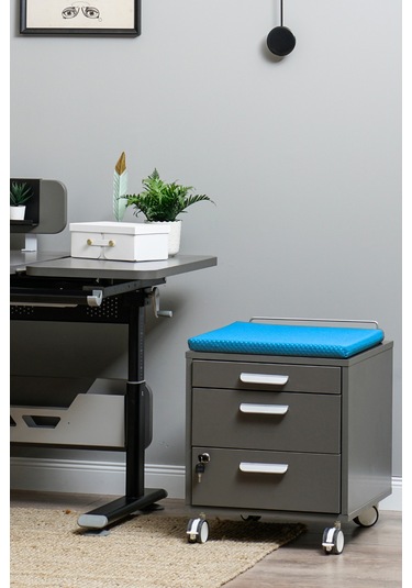 Creo Mobili Çekmeceli Kilitli Tekerlekli Vega Keson, Oturulabilir Ofis Ve Ev Komodini, Antrasit/mavi