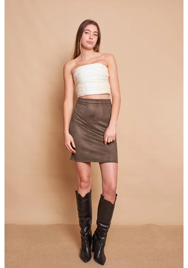 Kadın Hafif Likralı Süet Kumaş Yüksek Bel Diz Üstü Kalem Etek-haki Haki