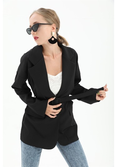 Düşük Omuz Kemerli Atlas Kumaş Blazer Ceket - Siyah-siyah Siyah