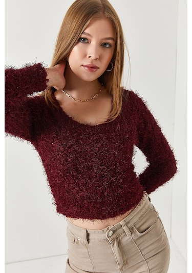 Armonika Kadın Mürdüm Pullu Sakallı Crop Kazak Arm-22y001179
