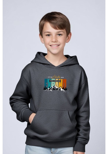Kapüşonlu Kanguru Cepli Expand Baskı Detaylı Erkek Çocuk Sweatshirt Füme