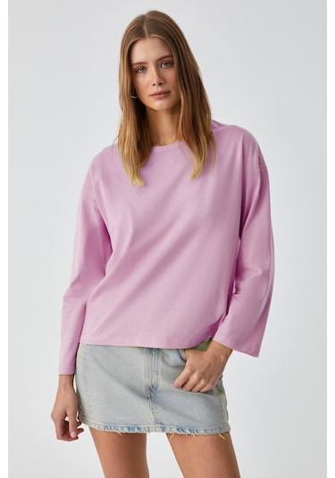 Grımelange Basıl Kadını Oversize %100 Organik Pamuk Örme Uzun Kol Pembe T-shirt Pembe