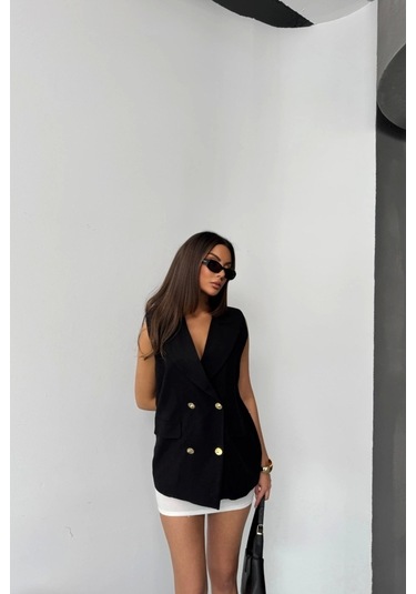 Gold Düğmeli Keten Yelek - Siyah Siyah