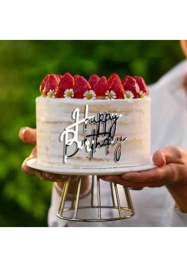 Pasta Önü Plexi Happy Birthday Yazı Gümüş 10x7 Cm