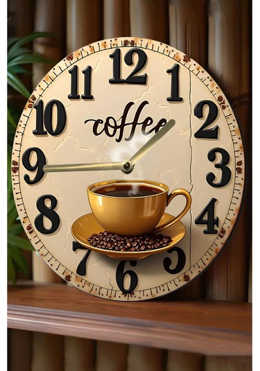 Sessiz Yuvarlak Ahşap Duvar Saati, Kuvars Coffe Desen 2d Sdw028 Renkli