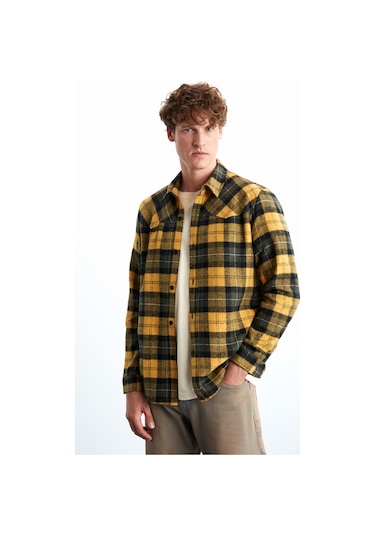 Allenı Erkek Pamuk Gömlek Yaka Relaxed Oduncu Safran Sarı Gömlek