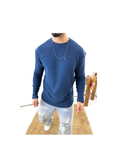 Uzun Kollu Tişört Fitilli Bisiklet Yaka Yumuşak Dokulu Tüylenmez Pamuklu Kazak Sweatshirt Lacivert