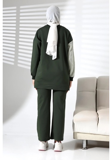 Kadın Mevsimlik Alt Üst Rahat Haki Spor Ikili Tunik Pantolon Şık Tesettür Takım Haki