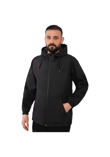 Freemen Erkek Siyah Içi Astarlı Kanguru Cepli Su Ve Rüzgar Geçirmez Kapüşonlu Cepli Yağmurluk Siyah
