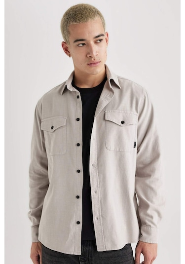 DeFacto Regular Fit Polo Yaka Basic Düz Pamuklu Uzun Kollu Gömlek B2654AX24SPGR302