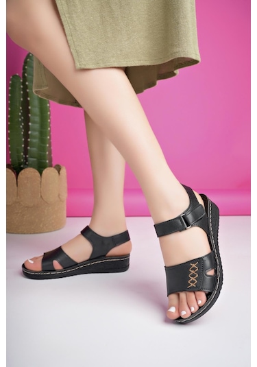 Muggo Salva Garantili Ortopedik Rahat Kalıp Deri Görünümlü Cırtlı Tek Bant Kadın Sandalet Siyah