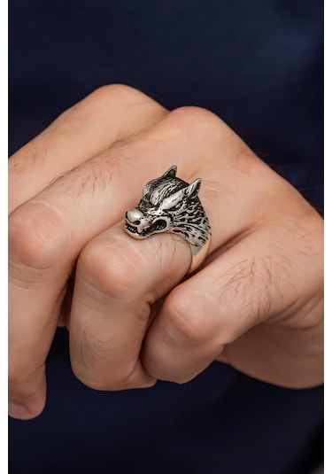 Yüzük Sanatı Kurt Motif Yazılı 925 Gümüş Erkek Yüzük
