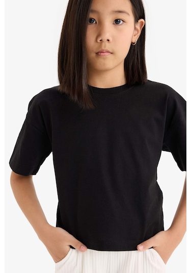 DeFacto Kız Çocuk Relax Fit Bisiklet Yaka Basic Düz Kısa Kollu Tişört Z5095A625SMBK27 Siyah