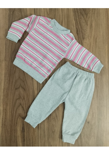 Egişbaby Kız Bebek Çizgili İkili Takım Gri - Pembe