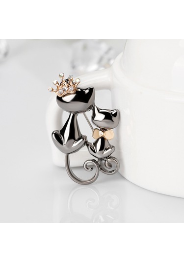Kadın Takı Parlak Yapay Elmas Sevimli Çift Kedi Figürlü Broş Çok Renkli