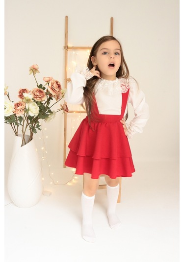 Kız Çocuk Helen Kırmızı Askılı Kat Kat Bağlama Jile Elbise
