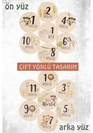 Safari Ahşap Bebek Anı Diskleri İngilizce Fotoğraf Çekim Kartları