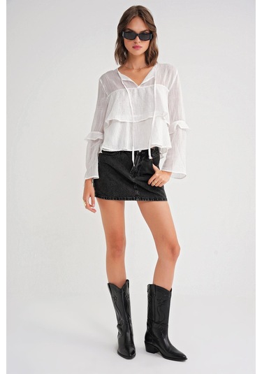 4735 Kadın Uzun Kollu Fırfırlı Bağlamalı Bluz Beyaz Beyaz