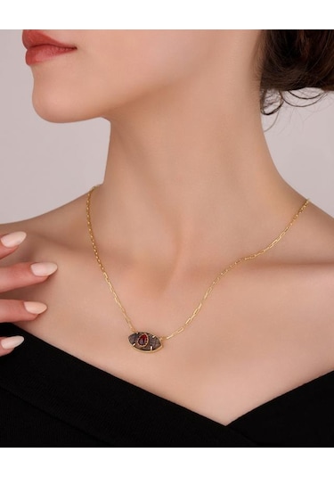 Doğal Taşlı Orta Boy Göz Gümüş Kolye