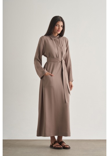Mizalle Modal Karışımlı Kuşaklı Vizon Rengi Uzun Gömlek Elbi Vizon