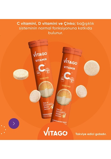 Vitago C Vitamini D Vitamini Çinko İçeren Takviye Edici Gıda 2 x 20 Efervesan Tablet