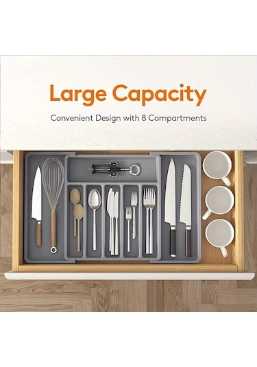 Honeybeeshop Gri Çatal Bıçak Düzenleyici Geri Çekilebilir Genişletilebilir Büyük Kapasiteli Mutfak Saklama Kutusu Çekmece Dolap İçin Gri