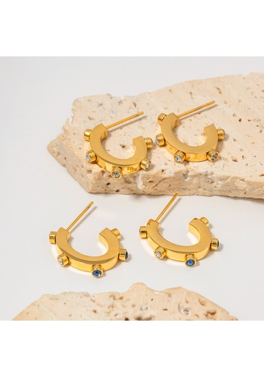 Ins İnternet Ünlü Abartılı Tasarım 18k Altın Paslanmaz Çelik Renkli Elmaslarla Kakmalı C Şeklinde Küpeler Popüler Titanyum Çelik Küpeler Diğer