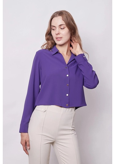 Kadın Likrasız Şık Kumaş Yakalı Uzun Kol Kısa Gömlek-eflatun Eflatun
