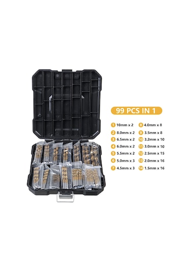 Vkemall Delmek 99 Parça Düz Şaftlı Büküm Matkap Seti Yüksek Hızlı Çelik Ti Kaplama Ma