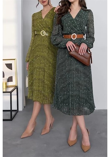 Neşeli Butik Kadın Kemerli Puantiye Desenli Şifon Elbise Nbmy3286 Yeşil