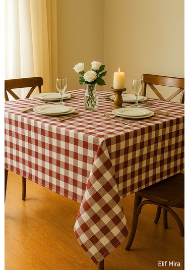 Mira Home Kareli Masa Örtüsü Sofra Bezi 160x220 Cm Rustik Bordo