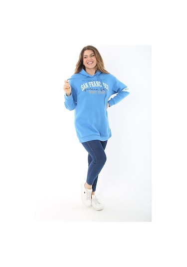 Kadın Büyük Beden Mavi İçi Şardonlu Üç İplik Kapşonlu Sweatshirt 65n37464-mavi Mavi