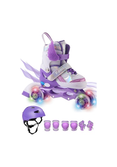 Melek Kanatlı Işıklı Çocuk Pateni Kask Ve Dizlik Seti Silikon Teker Ayarlanabilir Paten Çantalı Lila
