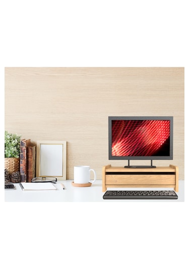 Ahşap Çekmeceli Monitör Standı Masaüstü Ergonomik Yükseltici Ve Düzenleyici
