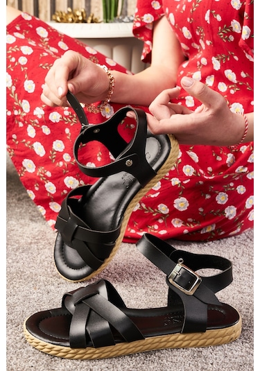Günlük Kadın Sandalet Bilek Tokalı Yumuşak Rahat Ortopedik Alçak Tabanlı Esnek Ayakkabı 407 Siyah