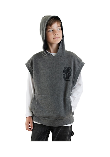 Denokids Erkek Çocuk Kapüşonlu Kolsuz Sweatshirt - Gri