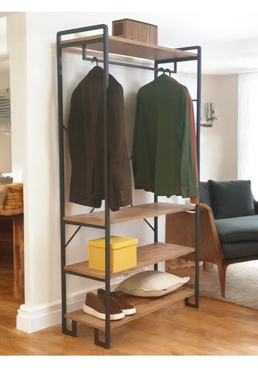 Metal Gardırop Çam Renk Ahşap Raflı Dolap Matkapsız Kolay Kurulum Siyah
