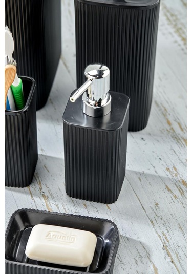 Line 5 Parça Kare Banyo Seti - Çöp Kovası Wc Fırçası Sıvı-katı Sabunluk Diş Fırçası Siyah