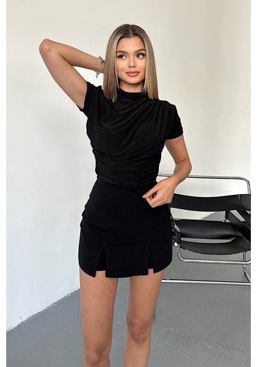 Giysa Kadın Dik Yaka Büzgü Detaylı Bluz Siyah - 25y 2417 Siyah