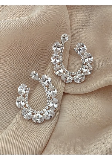 Çiçek Model Zirkon Taşlı Abiye Gümüş Renk Küpe Gümüş