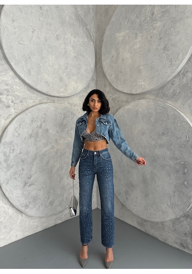 Kadın Taşlı Premium Mavi Kot Pantolon Mavi