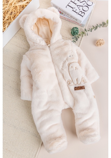 Premium Kalite Peluş Pamuk Penye Astarlı Ayıcık Fiğürlü Kışlık Kız-erkek Bebek Tulum Krem